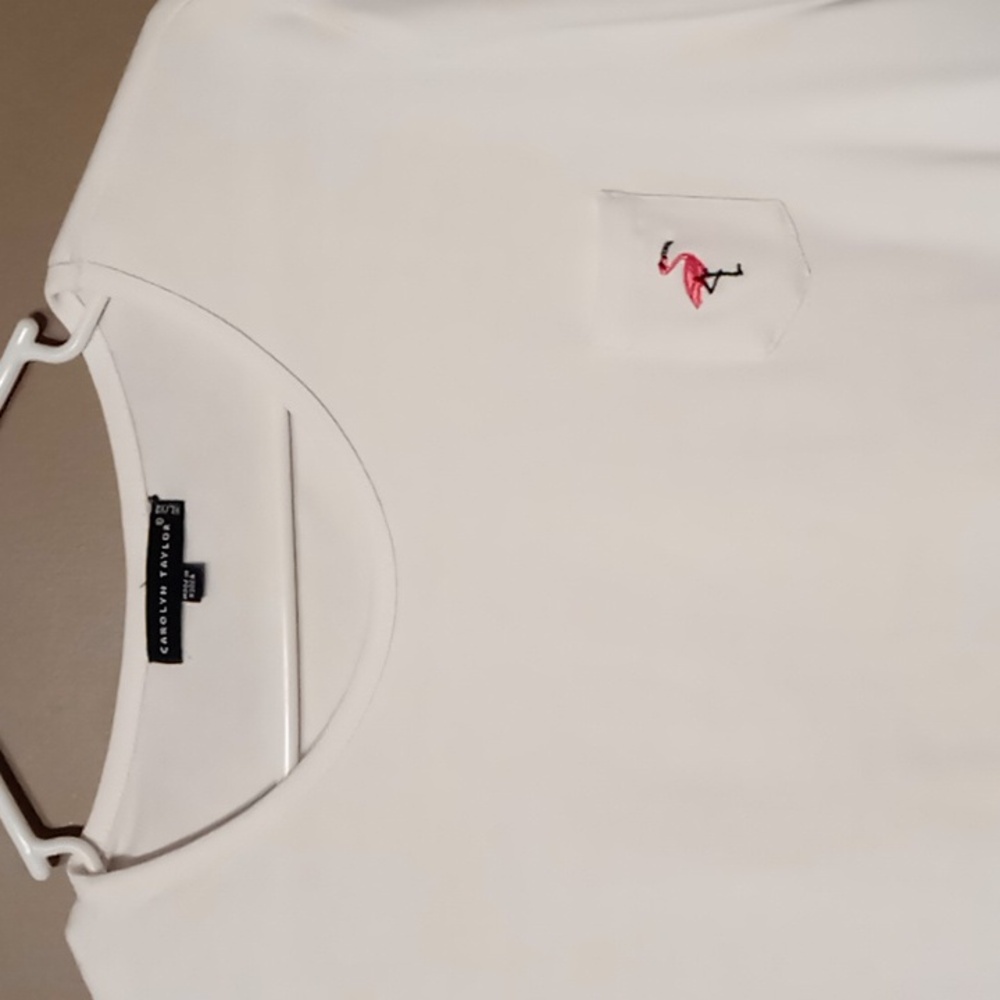 Carolyn Taylor White Tiny Pocket Tee w Flamingo Embellishment XL - Picture 3 of 5